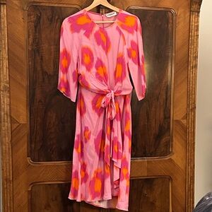 Tie-Waist Pink & Orange Floral Midi Dress